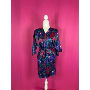 Vintage 80s California Miss Floral Satin Kimono Robe Purple Pink medium